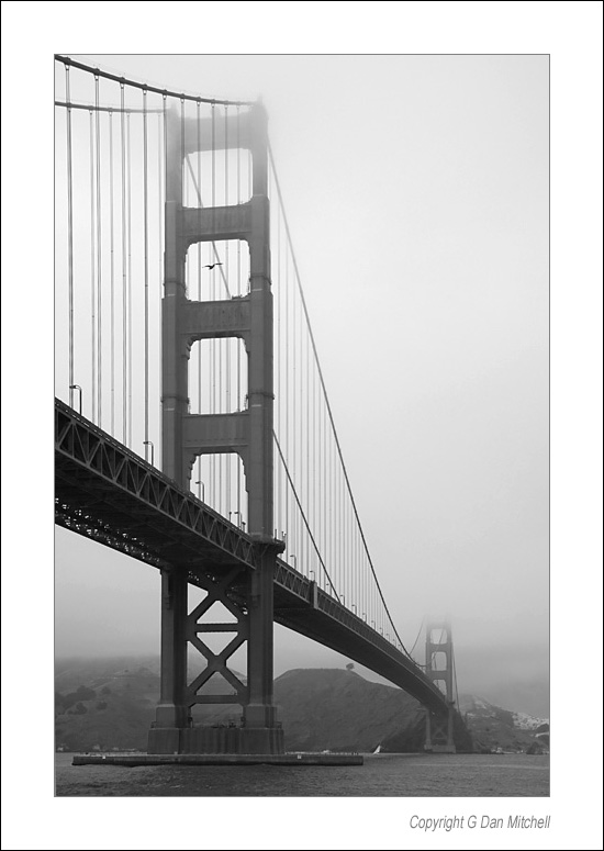 GoldenGateBridgeBW2005|07|03: Golden Gate Bridge. San Francisco,California.  July 3, 2005. ©   Copyright g Dan Mitchell".    keywords: golden gate bridge san francisco fog california black and white photograph