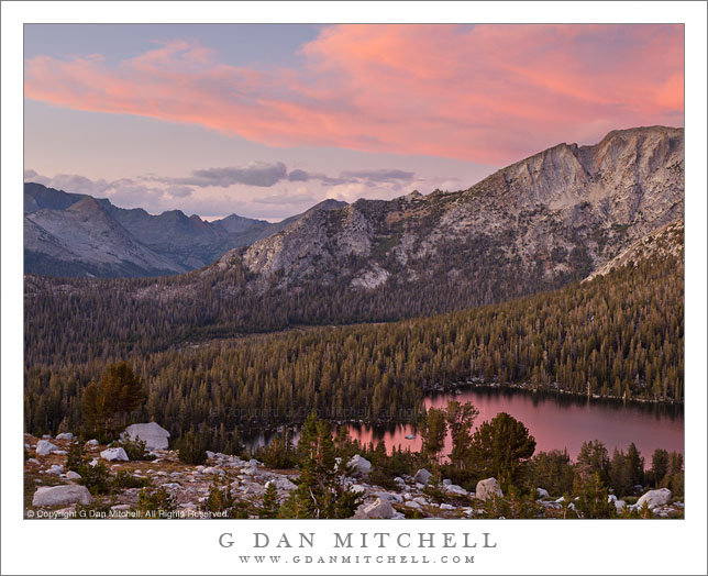 Sunset, Lower McCabe Lake, Shepherds Crest, and Virginia Canyon - Afternoon storm clouds clear from the sunset sky above Lower McCabe Lake, Shepherds Crest, and Virginia Canyon, Yosemite National Park.