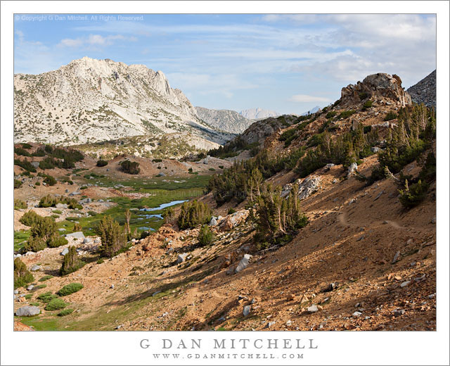 East Side of Bishop Pass - Trail and meadows below the east side of Bishop Pass, eastern Sierra Nevada range