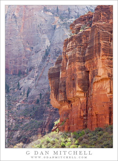 Sandstone Tower and Cliff, Morning - A nearby sandstone tower backed by a more distant cliff face in morning light, Zion National Park.