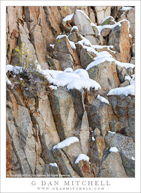 Granite and Snow - Early autumn snowfall or ledges of a cracked granite wall near North Lake