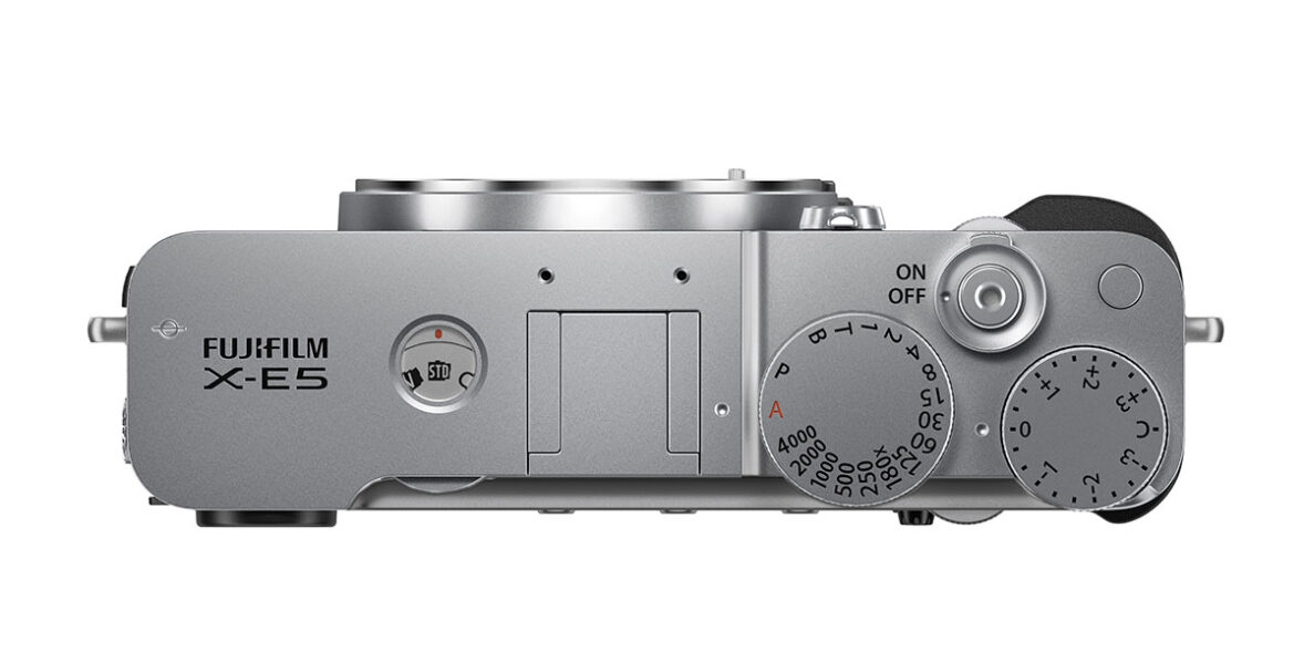 ujifilm XE5 top plate, including the film simulation selector. 
